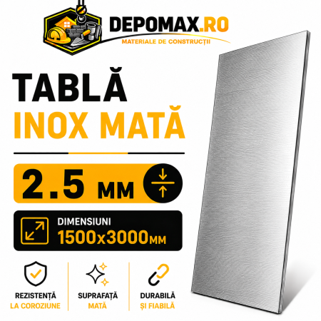 Tabla inox mata AISI 304 2B, 2.5 x 1500 x 3000 mm, 4.5 mp